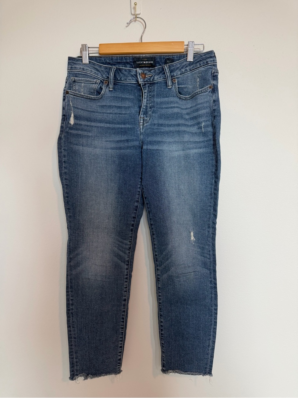 Lucky Brand Lolita Skinny Women’s Mid-Rise Distressed Blue Jeans with raw hem